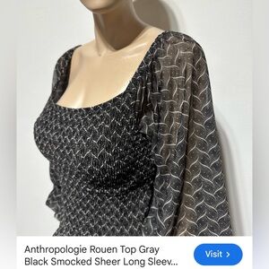 Anthropologie Black Gray Sheer Smocked Blouse